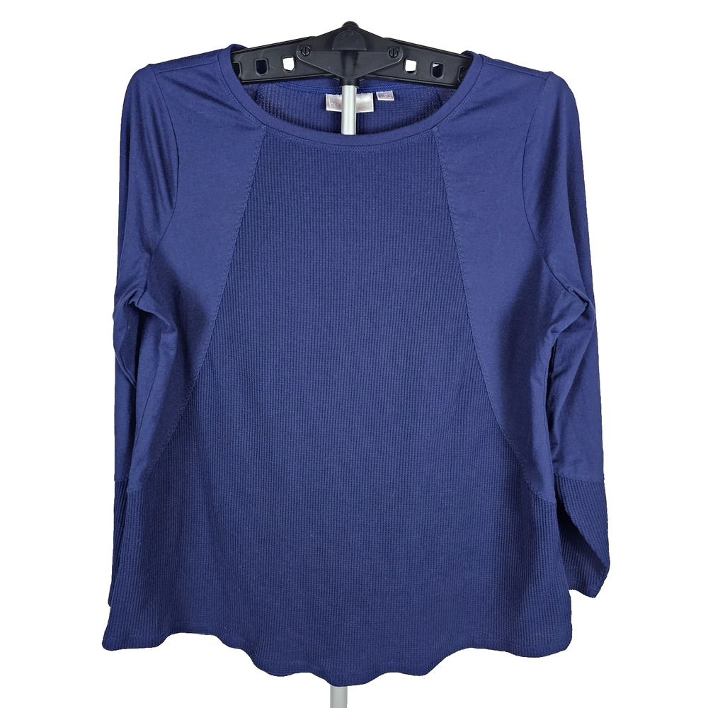 Belle by Kim Gravel Blue Waffle Knit Mixed Media Top 1X Long Sleeve